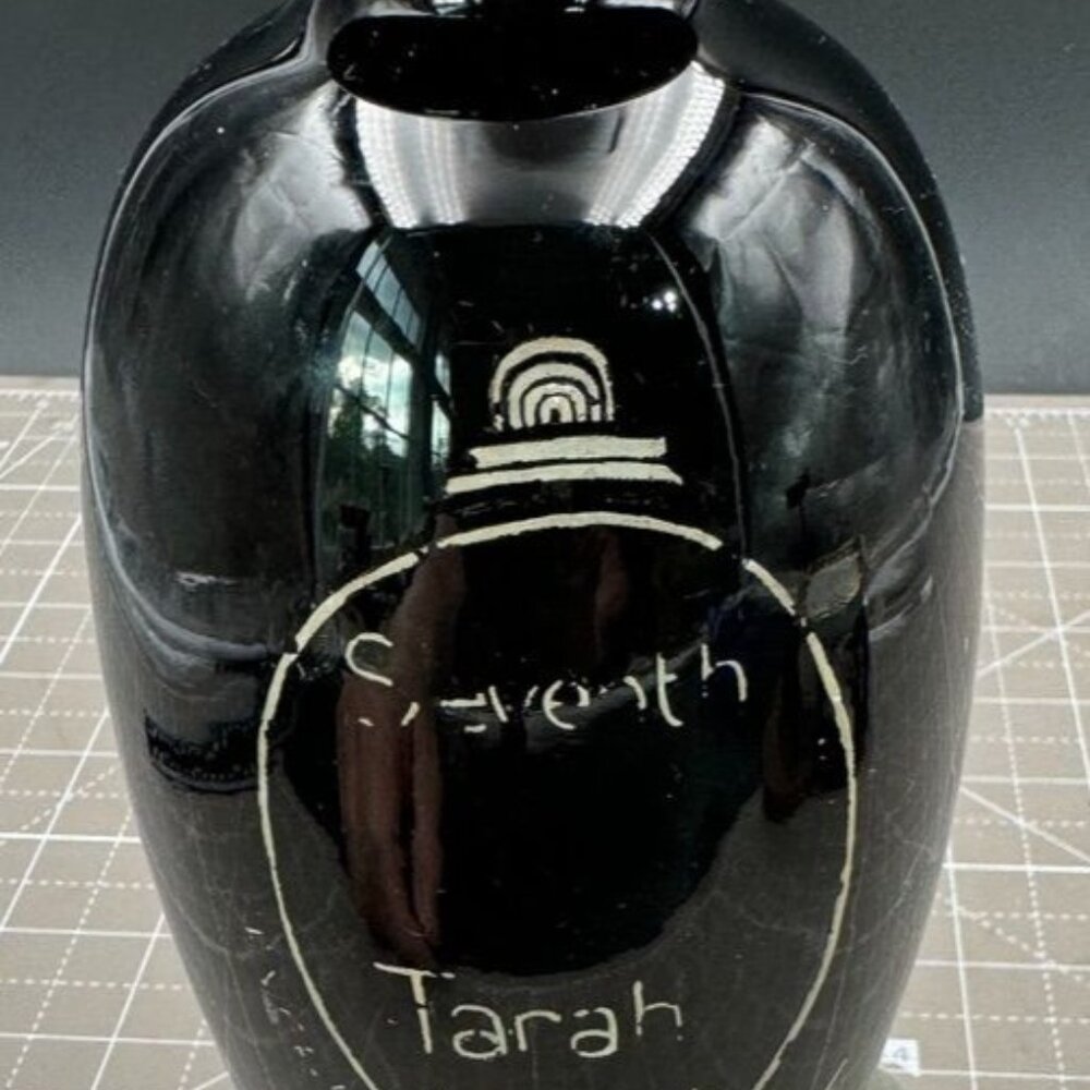 Arts & Crafts Black Amethyst Glass Vase Hand Written Design Phone Wings - Picture 2 of 6